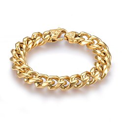 Golden Ion Plating(IP) 304 Stainless Steel Curb Chains Bracelets, with Lobster Claw Clasps, Golden, 8-5/8 inch(22cm), 15x6mm