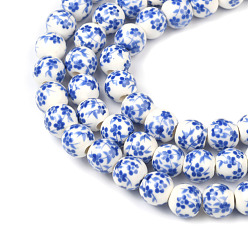 Blue Handmade Flower Printed Porcelain Ceramic Beads Strands, Round, Blue, 8mm, Hole: 2mm, about 42pcs/strand, 13 inch