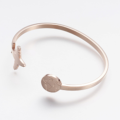 Rose Gold 304 Stainless Steel Cuff Bangles, Travel Theme, Airplane and Earth, Rose Gold, Inner Diameter: 2-1/2 inch(6.3cm)