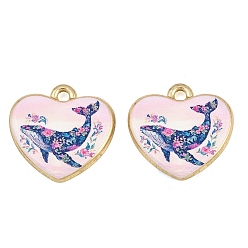Blue Printed Alloy Pendants, Heart with Whale Charms, Golden, Rack Plating, Blue, 17x17.5x3.5mm, Hole: 1.6mm