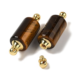 Tiger Eye Natural Tiger Eye Connector Charms, with Golden Plated 304 Stainless Steel Findings, Column Links, 36x12mm, Hole: 1.2~1.4mm