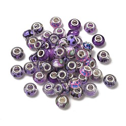 Лиловый Европейские бусины из прозрачной смолы с печатью, бусины с большим отверстием, рондель с латунными сердечниками, покрытыми серебром, и блестящей пудрой, сирень, 14x8.5 мм, отверстие : 5 мм
