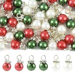 Mixed Color 60Pcs 3 Colors Christmas Glass Pearl Pendants, Round, with Silver Iron Loop, Mixed Color, 15mm, Hole: 3mm