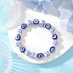 Темно-Голубой Ручная работа, цветочные узоры, фарфор, керамика и лэмпворк, бусины от сглаза, эластичные браслеты для женщин, круглые, глубокое синее небо, внутренний диаметр: 2-1/8 дюйм (5.45 см)