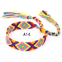 Violet Cotton Braided Rhombus Pattern Cord Bracelet, Ethnic Tribal Adjustable Brazilian Bracelet for Women, Violet, 5-7/8~14-1/8 inch(15~36cm)