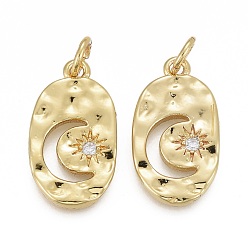 Настоящее золото 18K Кулоны из чеканной латуни с прозрачным кубическим цирконием, с прыжковых колец, долговечный, овал со звездой и луной, реальный 18 k позолоченный, 18x10x2 мм, отверстие : 3 мм