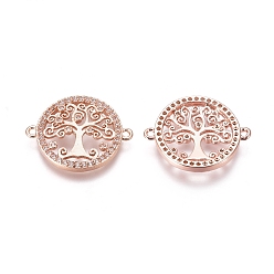 Roségold Messing Micro Pave Zirkonia Links Steckverbinder, flach rund mit Baum des Lebens, Transparent, Roségold, 16x20x3 mm, Bohrung: 1 mm