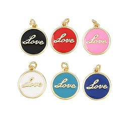 (52) Непрозрачная лаванда Латунь эмаль подвески, с целью перехода в кольце, плоские круглые со словесными любовными чарами, без свинца и без кадмия, долговечный, реальный 18 k позолоченный, стойки покрытие, разноцветные, 16.5x14x1.5 мм, отверстие : 2.5 мм