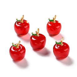 Red Handmade Lampwork Pendants, with Brass Findings, Cadmium Free & Lead Free, Golden, Apple, Red, 19x14mm, Hole: 4x2.2mm