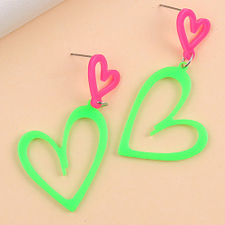 Лайм Модные акриловые серьги-гвоздики из нержавеющей стали, сердце, цвет нержавеющей стали, желто-зеленые, 58x30 мм