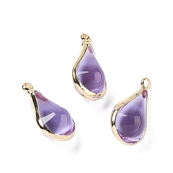 Лиловый Латунь стекло кулоны, золотые, слеза, сирень, 18x10x8 мм, отверстие : 1.8 мм