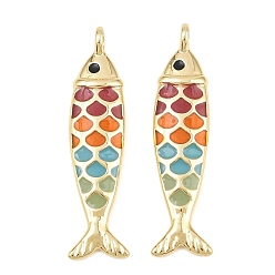 Colorful Brass Enamel Pendants, Fish Charms, Rack Plating, Long-Lasting Plated, Lead Free & Cadmium Free, Real 18K Gold Plated, Colorful, 41x11x6mm, Hole: 3.3mm