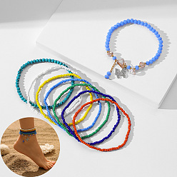 (52) Непрозрачная лаванда Комплекты многослойных браслетов на лодыжку из богемской смолы и стеклянных бусин, с подвесками в виде бабочек из сплава кристаллов и страз, платина, разноцветные, 9-1/8 дюйм (230 мм), 7 шт / комплект