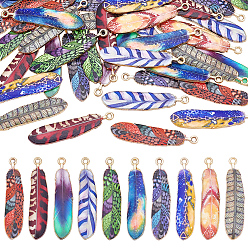 (52) Непрозрачная лаванда 40шт 10 цвета подвески из сплава с покрытием стойки, напечатанный, без свинца, без кадмии и без никеля, прелести из перьев, золотой свет, разноцветные, 38x9x1.5 мм, отверстие : 1.8 мм, 4 шт / цвет