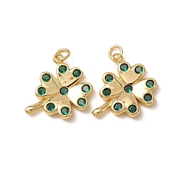 Verde Micro latón allanan colgantes cúbicos del zirconia, encantos trébol, chapado en rack, larga duración plateado, sin plomo y el cadmio, real 18 k chapado en oro, verde, 22.5x20.5x3 mm, agujero: 3 mm