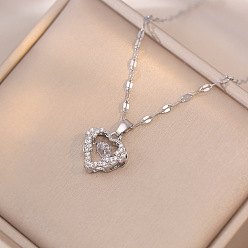 Нержавеющая Сталь Цвет 304 Подвеска в виде сердца из нержавеющей стали с прозрачными кубическими циркониями, цепочка с рифленой поверхностью, для женщин, цвет нержавеющей стали, 15.75 дюйм (40 см)