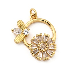 Настоящее золото 18K Латунные микро проложить кубического циркония подвески, кольцо с пчелами и цветочными подвесками, без свинца и без кадмия, долговечный, стойки покрытие, реальный 18 k позолоченный, 21.5x19x4 мм, отверстие : 3 мм