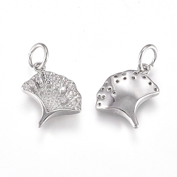 Platinum Brass Charms, with Micro Pave Cubic Zirconia and Jump Rings, Ginkgo, Clear, Platinum, 10.5x11x2.5mm, Hole: 3.5mm