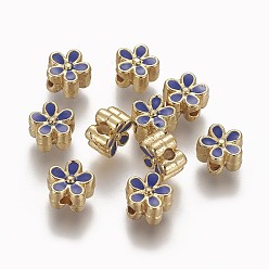 Blue Brass Enamel Beads, Long-Lasting Plated, Flower, Real 18K Gold Plated, Blue, 7x3.3mm, Hole: 1.6mm