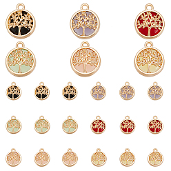Light Gold 24шт 6 цветные стеклянные подвески для подключения, со сплавочной фурнитурой, плоский круглый со звеньями дерева, золотой свет, 17~19.5x13.5x5.5 мм, отверстие : 1.6 мм, 4 шт / цвет