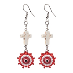 Красный Стекло бисер мотаться серьги, с бусинкой лэмпворк от сглаза и 304 крючками для сережек из нержавеющей стали, красные, 70x19 мм