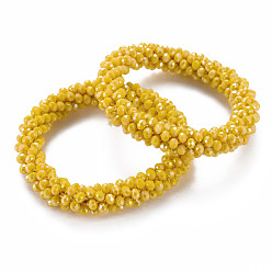 Gold AB Color Plated Faceted Opaque Glass Beads Stretch Bracelets, Womens Fashion Handmade Jewelry, Gold, Inner Diameter: 1-3/4 inch(4.5cm)