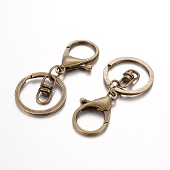 Antique Bronze Iron Split Key Rings Keychain Clasp Findings, with Alloy Lobster Claw Clasps and Swivel Clasps, Nickel Free, Antique Bronze, 66mm