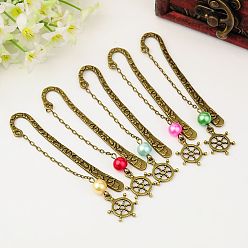 Mixed Color Tibetan Style Bookmarks/Hairpins, with Glass Pearl Beads, Iron Chains and Helm Pendants, Mixed Color, 80mm
