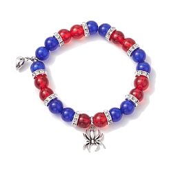 Mixed Color 2Pcs 10mm Round Opalite & Pink Glass & Red Glass & Blue Cat Eye Beaded Stretch Bracelet Sets for Lover, Halloween Spider Alloy Charm Bracelets with Heart Magnetic Clasps for Women Men, Mixed Color, Inner Diameter: 2-3/8 inch(6.1cm) and 2 inch(5.1cm)
