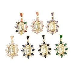 Mixed Color Religion Brass Pave Cubic Zirconia Pendants, with Enamel, Oval with Virgin Charms, Lead Free & Cadmium Free, Long-Lasting Plated, Rack Plating, Real 18K Gold Plated, Mixed Color, 36mm, Pendant: 29x20x4mm, Hole: 5.5x3mm