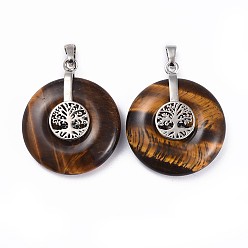 Tiger Eye Natural Tiger Eye Pendants, with Platinum Tone Brass Findings, Donut/Pi Disc with Tree of Life, 35.5x30x8.5~9.5mm, Hole: 4.5x6.5mm