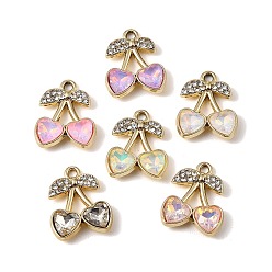 Golden Alloy Rhinestone Pendants, Cherry Charms, with Glass, UV Plating, Mixed Color, Golden, 18.5x15x4mm, Hole: 1.8mm