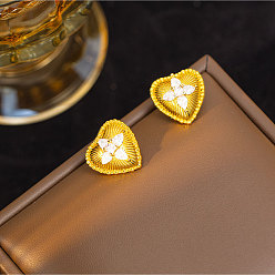 Золотой Серьги-гвоздики из латуни с микро-паве и прозрачным фианитом в форме сердца, золотые, 16x16.5 мм