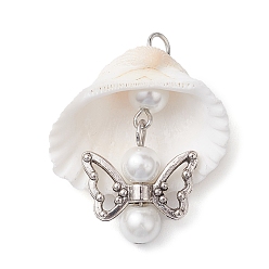 Античный Серебристый & Платиновый Подвески-ракушки из медной проволоки, Подвески-ангелы со стеклянными жемчужными бусинами и крыльями из сплава, старинное серебро и платина, 34x27.5x13 мм, отверстие : 3.2 мм
