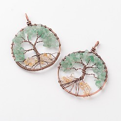 Зеленый Авантюрин Естественный зеленый авантюрин и цитрин большие подвески, плоские круглые с деревом, с красной меди с латунным покрытием нахождения, 64x50x6 мм, отверстие : 3 мм