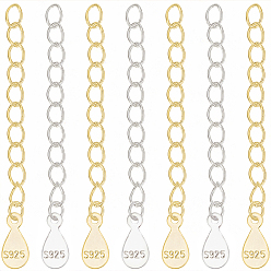 Golden & Silver 10Pcs 2 Colors 925 Sterling Silver End with Extender Chains and Teardrop Charms, with S925 Stamp, 1Sheet Fabric Silver Polishing Cloth, Golden & Silver, 35~40mm, Hole: 1.5mm, 5pcs/color