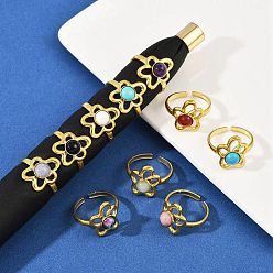 Цветок 316 Кольца-манжеты из нержавеющей стали с натуральными смешанными драгоценными камнями, ионное покрытие (ip), реальный 18 k позолоченный, пайки, цветок, 16.5x13 мм, регулируемый