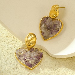 Аметист 304 серьги-гвоздики в форме сердца из нержавеющей стали, с естественным аметист, реальный 18 k позолоченный, 36x25 мм