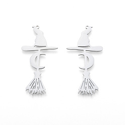 Нержавеющая Сталь Цвет Не тускнеющий хеллоуин 201 большие подвески из нержавеющей стали, лазерная резка, шляпа ведьмы с ведьминой метлой, цвет нержавеющей стали, 57x27.5x1 мм, отверстие : 1.5 мм