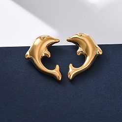 Настоящее золото 18K 304 серьги-гвоздики из нержавеющей стали в виде дельфинов, слева и справа, реальный 18 k позолоченный, 22x16.5 мм