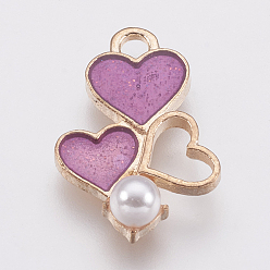 Orchid Zinc Alloy Enamel Pendants, with Acrylic Beads, Heart, Golden, Orchid, 19x13x5mm, Hole: 1.5mm