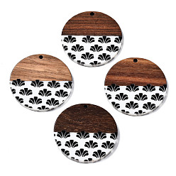 Black Resin & Walnut Wood Pendants, Flat Round, Black, 35x2~3mm, Hole: 2mm