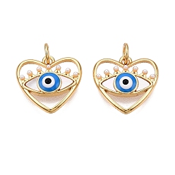 Настоящее золото 18K Латунь с имитацией жемчуга из АБС, Подвески из раковины, без кадмия и без свинца, Сердце с глаз, с подвесками-кольцами, реальный 18 k позолоченный, 14.5x15x3.5 мм, отверстие : 3 мм