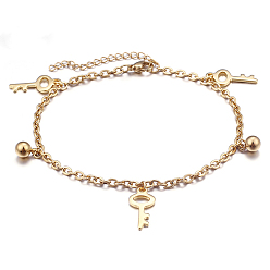 Золотой Подвеска в виде ключа и круглого шарика 304 браслеты на ногу из нержавеющей стали с цепочкой для женщин, золотые, 8-7/8 дюйм (225 мм)