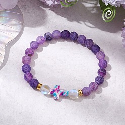 Фиолетовый Женские браслеты из бусин из синтетического лунного камня и натурального матового выветренного агата, с синтетическим бирюзовым крестом, фиолетовые, внутренний диаметр: 2-1/8 дюйм (5.5 см)