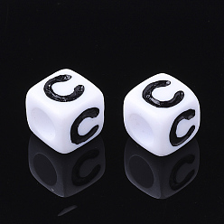 Letter C Letter Acrylic Beads, Cube, White, Letter C, Size: about 7mm wide, 7mm long, 7mm high, hole: 3.5mm, about 2000pcs/500g