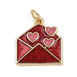 Красный Латунь эмаль подвески, прелести любовного письма, стойки покрытие, без кадмия и без свинца, долговечный, реальный 18 k позолоченный, красные, 15x14x2 мм, отверстие : 3.2 мм