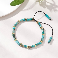 Средний Бирюзовый Браслеты из плетеных бусин, окрашенных натуральными красителями, императорской яшмы и латуни., Браслеты из плетеного нейлонового шнура для женщин и мужчин, бамбук, средне бирюзовый, внутренний диаметр: 2.22~3.17 дюйм (5.65~8.05 см)