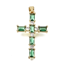Green Brass Pave Cubic Zirconia Pendants, Cross with Rectangle Charms, Long-Lasting Plated, Cadmium Free & Lead Free, Real 18K Gold Plated, Green, 32.5x20.5x3.5mm, Hole: 4x3.5mm