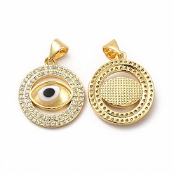 Clear Rack Plating Real 18K Gold Plated Brass Micro Pave Clear Cubic Zirconia Pendants, with Handmade Lampwork, Cadmium Free & Lead Free, Long-Lasting, Flat Round with Evil Eye, Clear, 20x17.5x3.5mm, Hole: 5.5x4mm